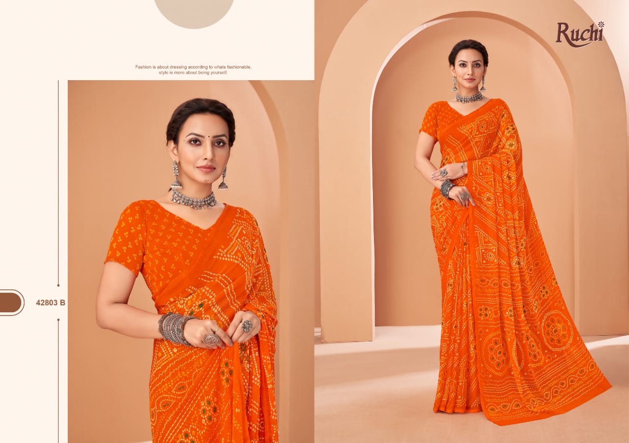 Ruchi Sarees Are Highly Crafted With Chiffon Fabric Bandhni With Vibrant Color