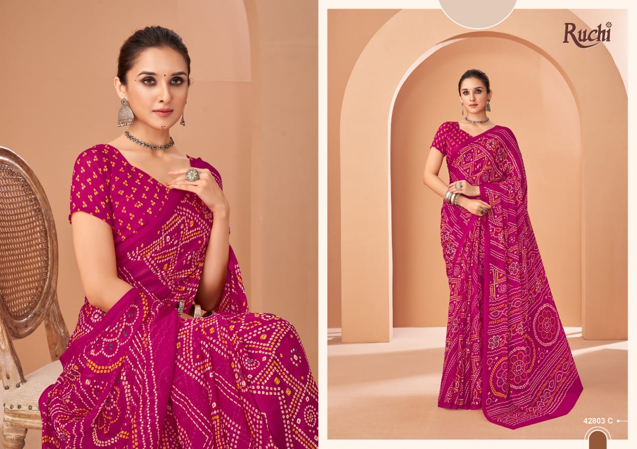 Ruchi Sarees Are Highly Crafted With Chiffon Fabric Bandhni With Vibrant Color