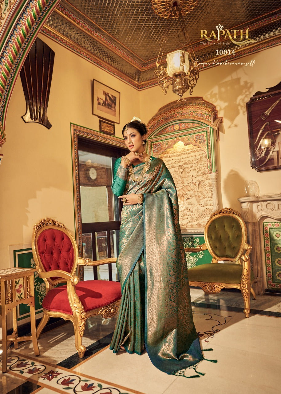 RajPath Fabric Sarees Are Crafted Frome Soft Handloom Silk With Copper Zari Work