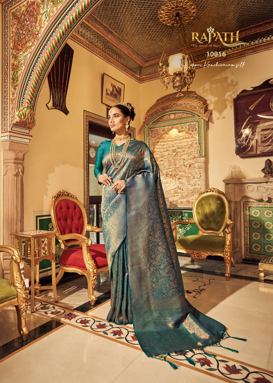 RajPath Fabric Sarees Are Crafted Frome Soft Handloom Silk With Copper Zari Work