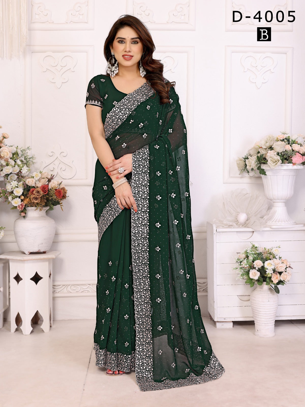 Jay Shree Sarees Feature Luxurious Georgette Fabric Adorned With Detailed Zari And Stone Work