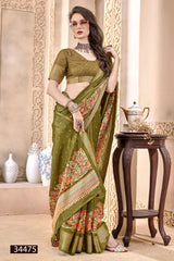 The Vallabhi Print Collection features sarees made from premium Dola Silk fabric, adorned with exquisite ethnic prints