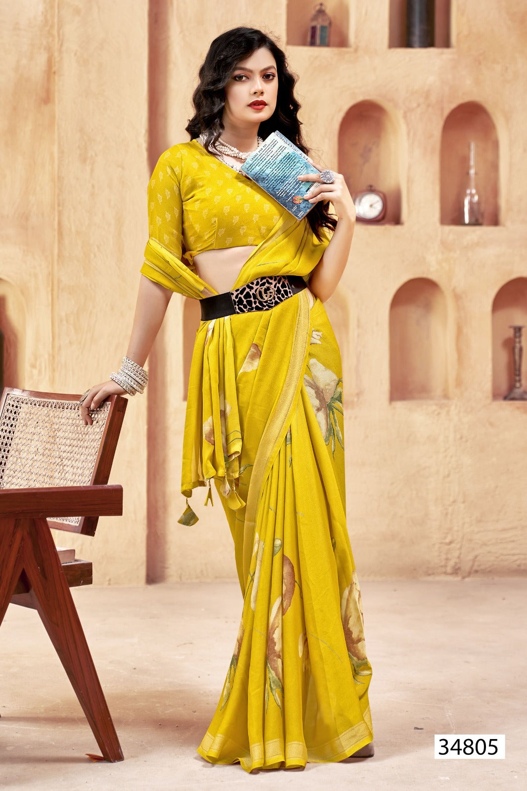 Vallabhi Print Collection sarees feature elegant floral prints on soft moss georgette fabric