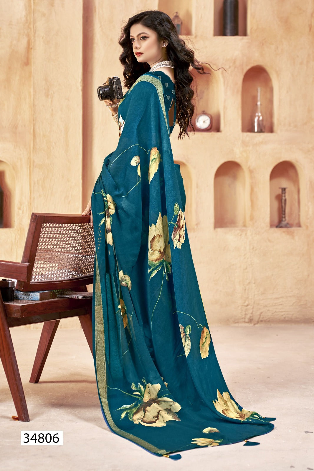 Vallabhi Print Collection sarees feature elegant floral prints on soft moss georgette fabric