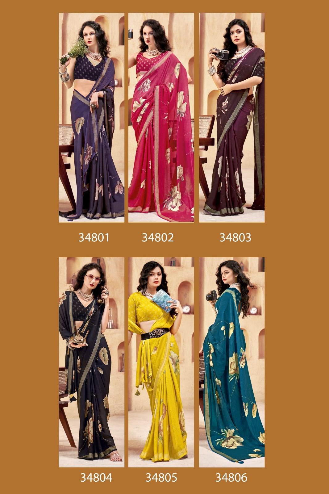 Vallabhi Print Collection sarees feature elegant floral prints on soft moss georgette fabric