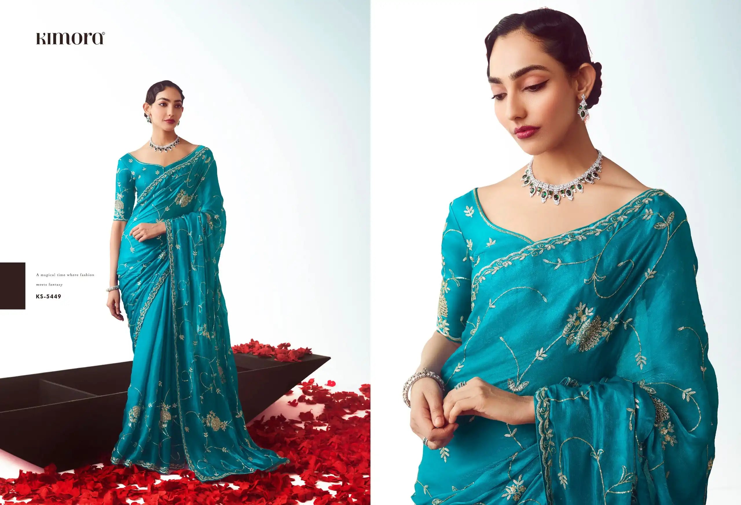 Kimora Sarees Showcase Exquisite Craftsmanship With Their Fancy Fabric And Intricate Embroidery Work