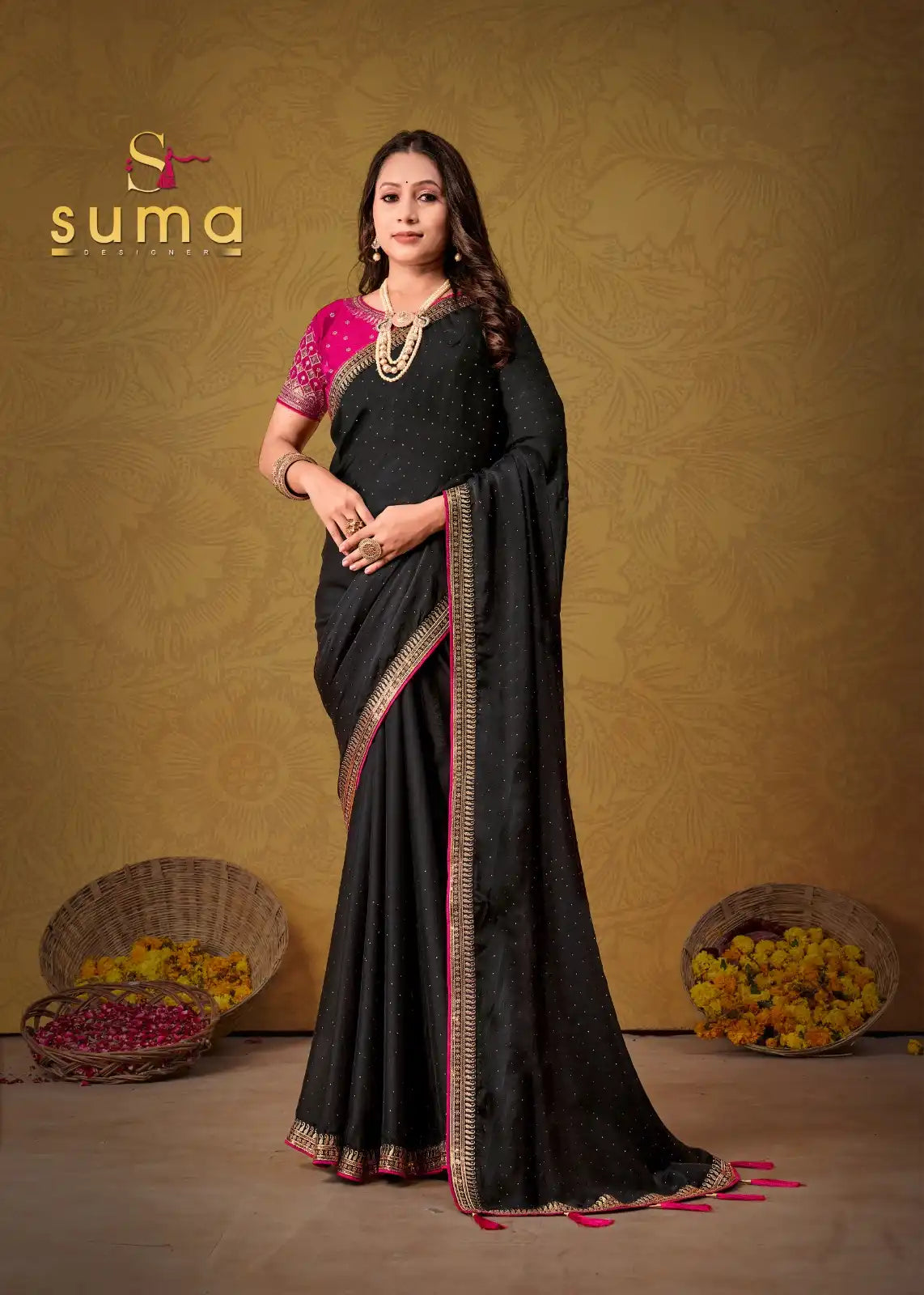SUMA DESIGNER Sarees With Black Rangoli Showcase Exquisite Craftsmanship Through Detailed Rangoli Motifs