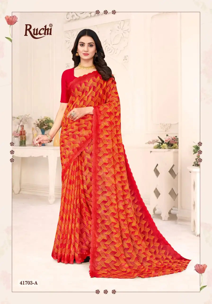 Ruchi Sarees Presents A Chiffon Saree Elegantly Finished With A Detailed Border Offering Comfort