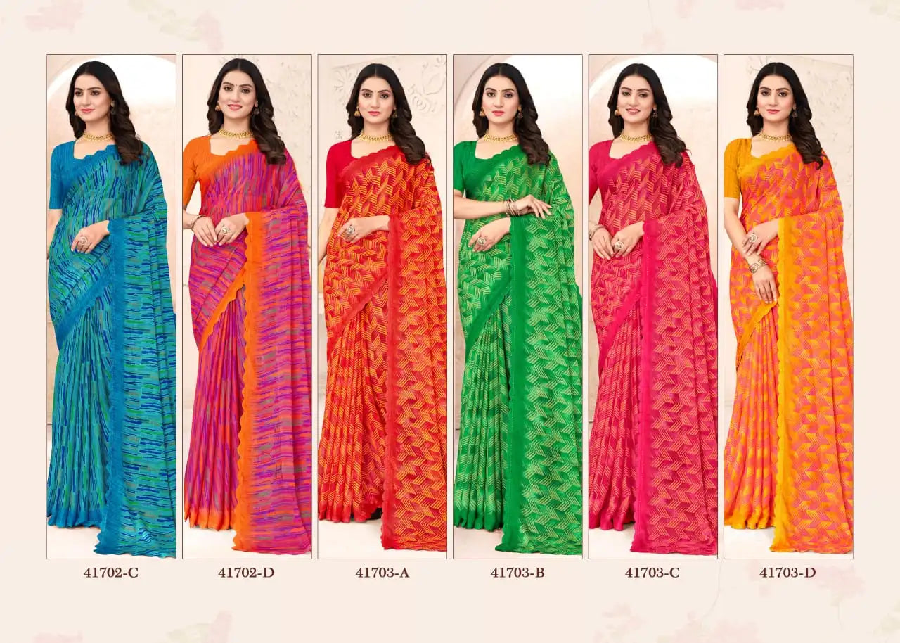 Ruchi Sarees Presents A Chiffon Saree Elegantly Finished With A Detailed Border Offering Comfort