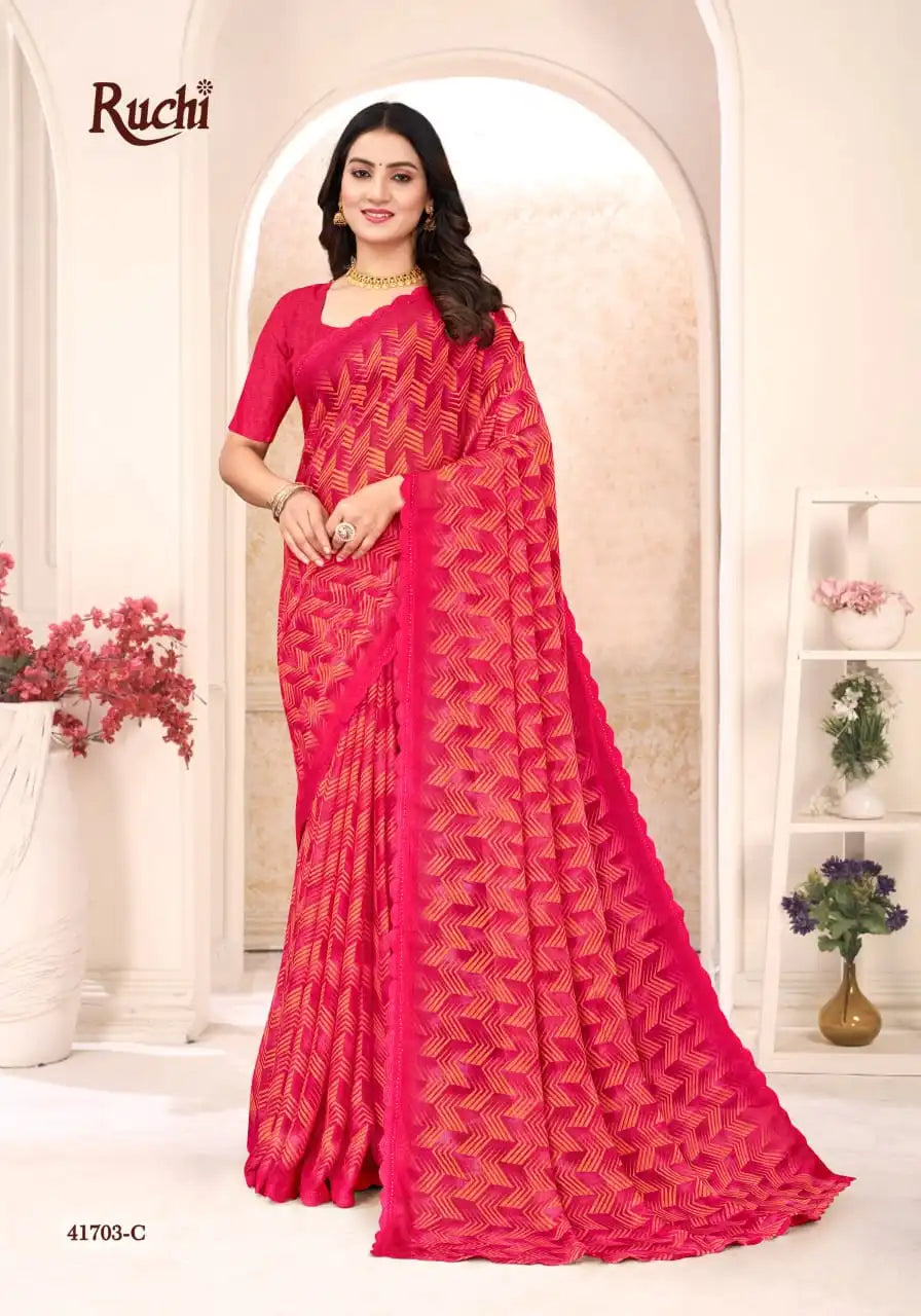 Ruchi Sarees Presents A Chiffon Saree Elegantly Finished With A Detailed Border Offering Comfort