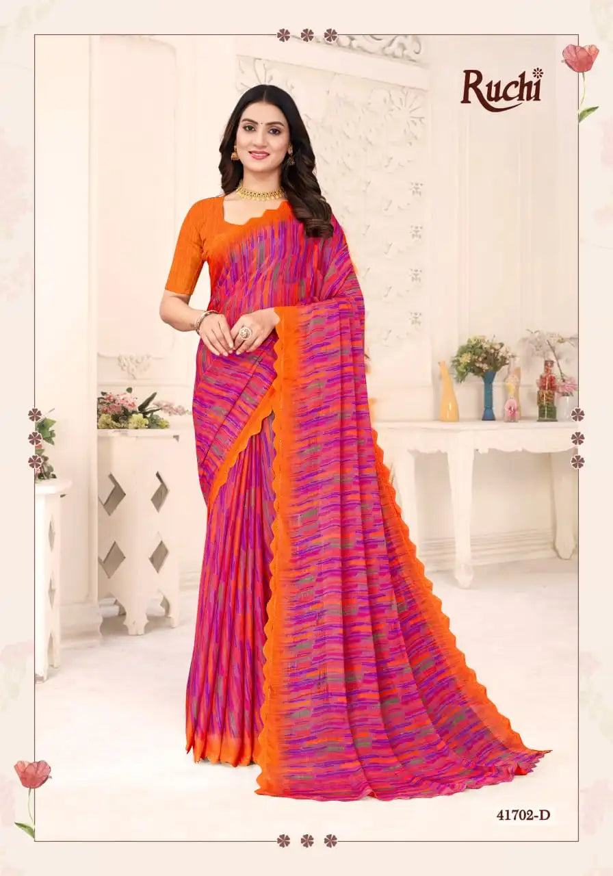 Ruchi Sarees Presents A Chiffon Saree Elegantly Finished With A Detailed Border Offering Comfort