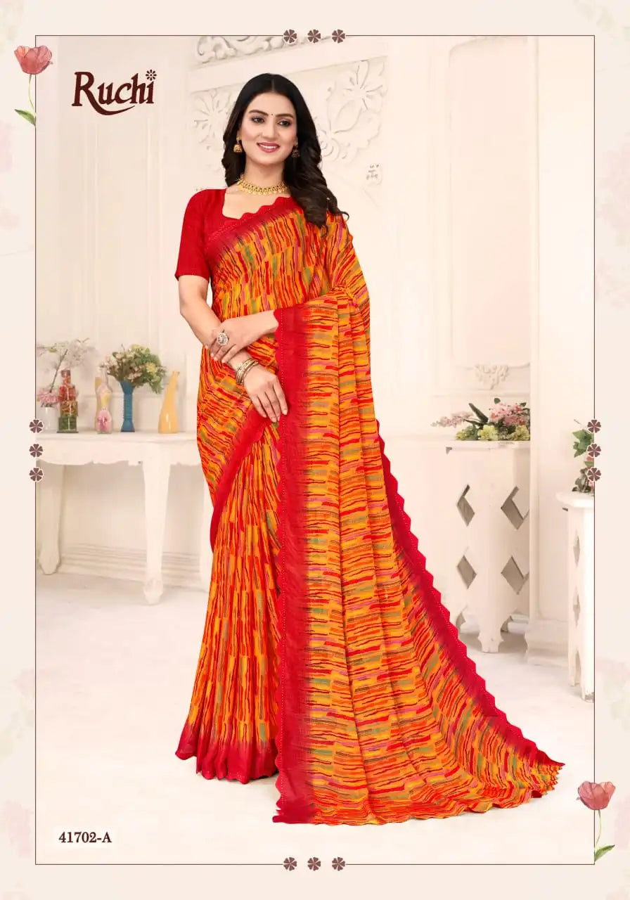 Ruchi Sarees Presents A Chiffon Saree Elegantly Finished With A Detailed Border Offering Comfort