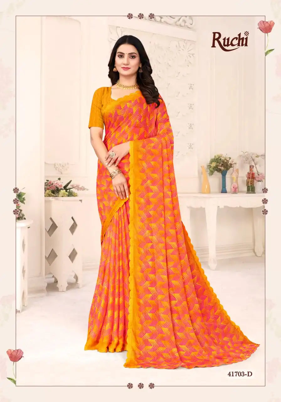 Ruchi Sarees Presents A Chiffon Saree Elegantly Finished With A Detailed Border Offering Comfort