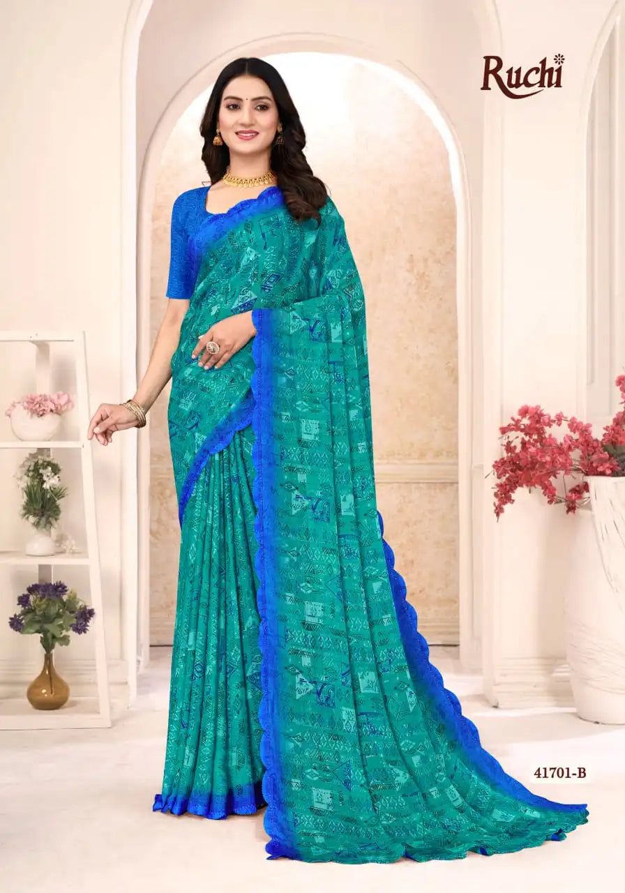 Ruchi Sarees Presents A Chiffon Saree Elegantly Finished With A Detailed Border Offering Comfort
