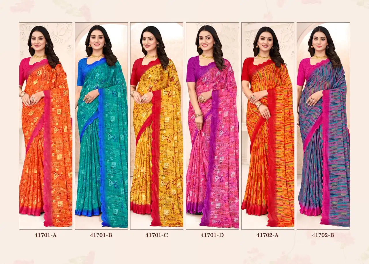 Ruchi Sarees Presents A Chiffon Saree Elegantly Finished With A Detailed Border Offering Comfort