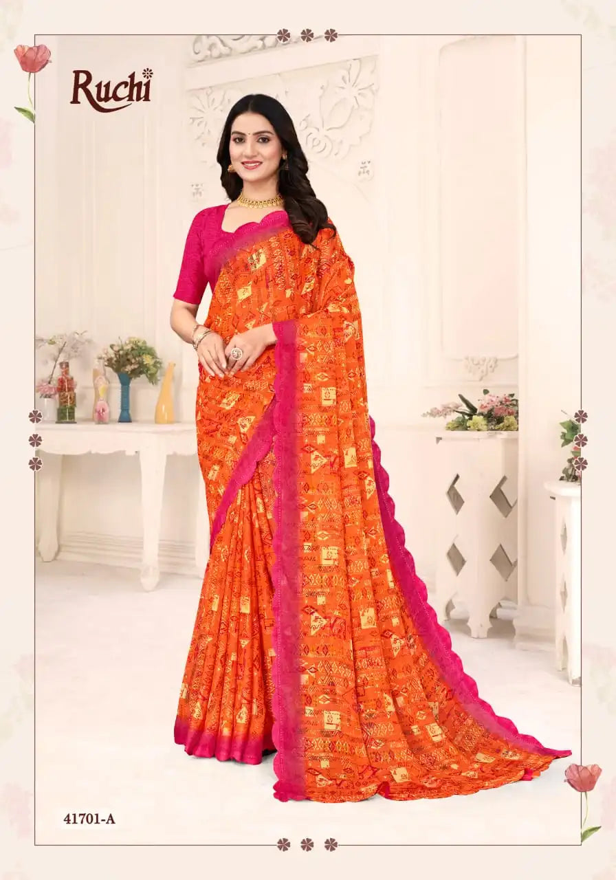 Ruchi Sarees Presents A Chiffon Saree Elegantly Finished With A Detailed Border Offering Comfort