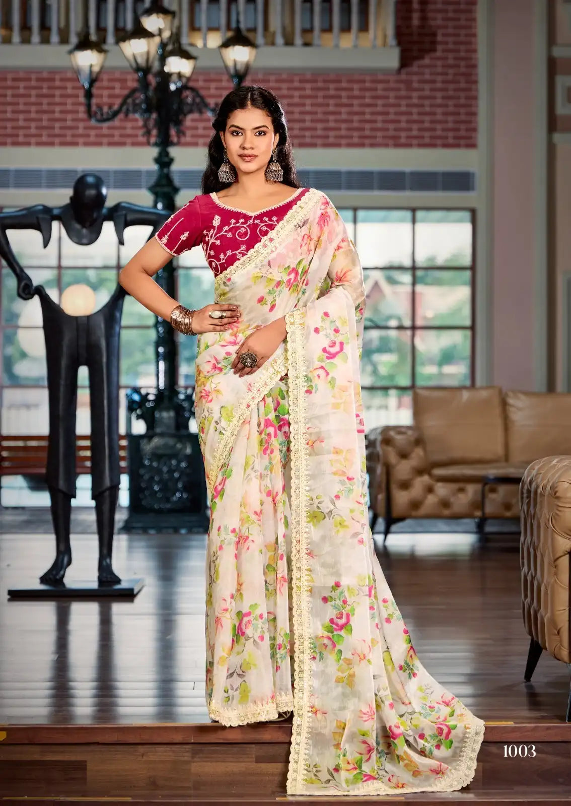 Stavan Sarees Showcase The Richness Of Heavy Burberry Fabric Enhanced By An Intricate Embroidered Cutwork
