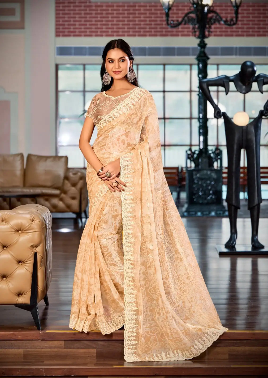 Stavan Sarees Showcase The Richness Of Heavy Burberry Fabric Enhanced By An Intricate Embroidered Cutwork