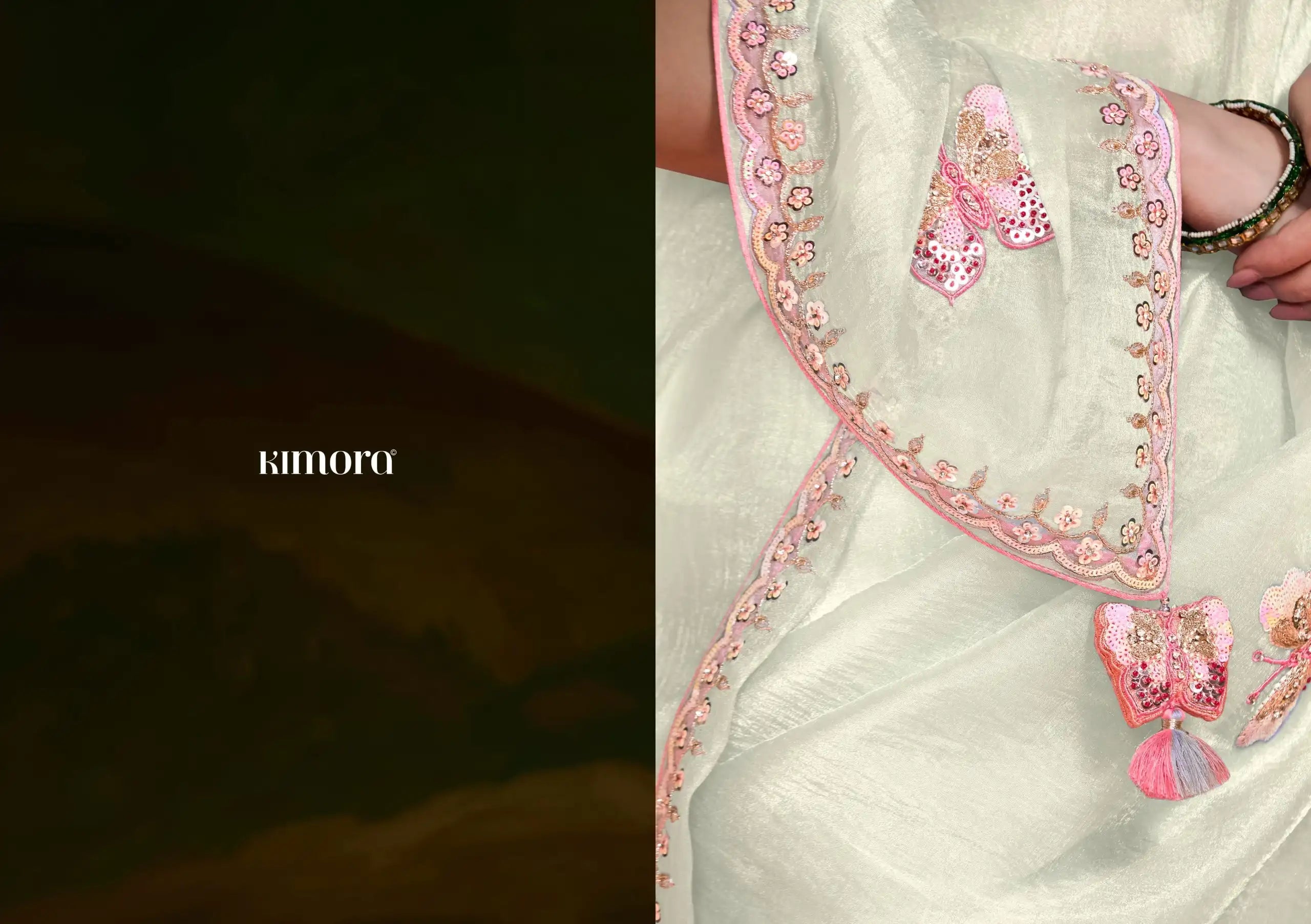 The Kimora Saree Is Crafted From Fine Organza Fabric Offering A Lightweight And Elegant Drape