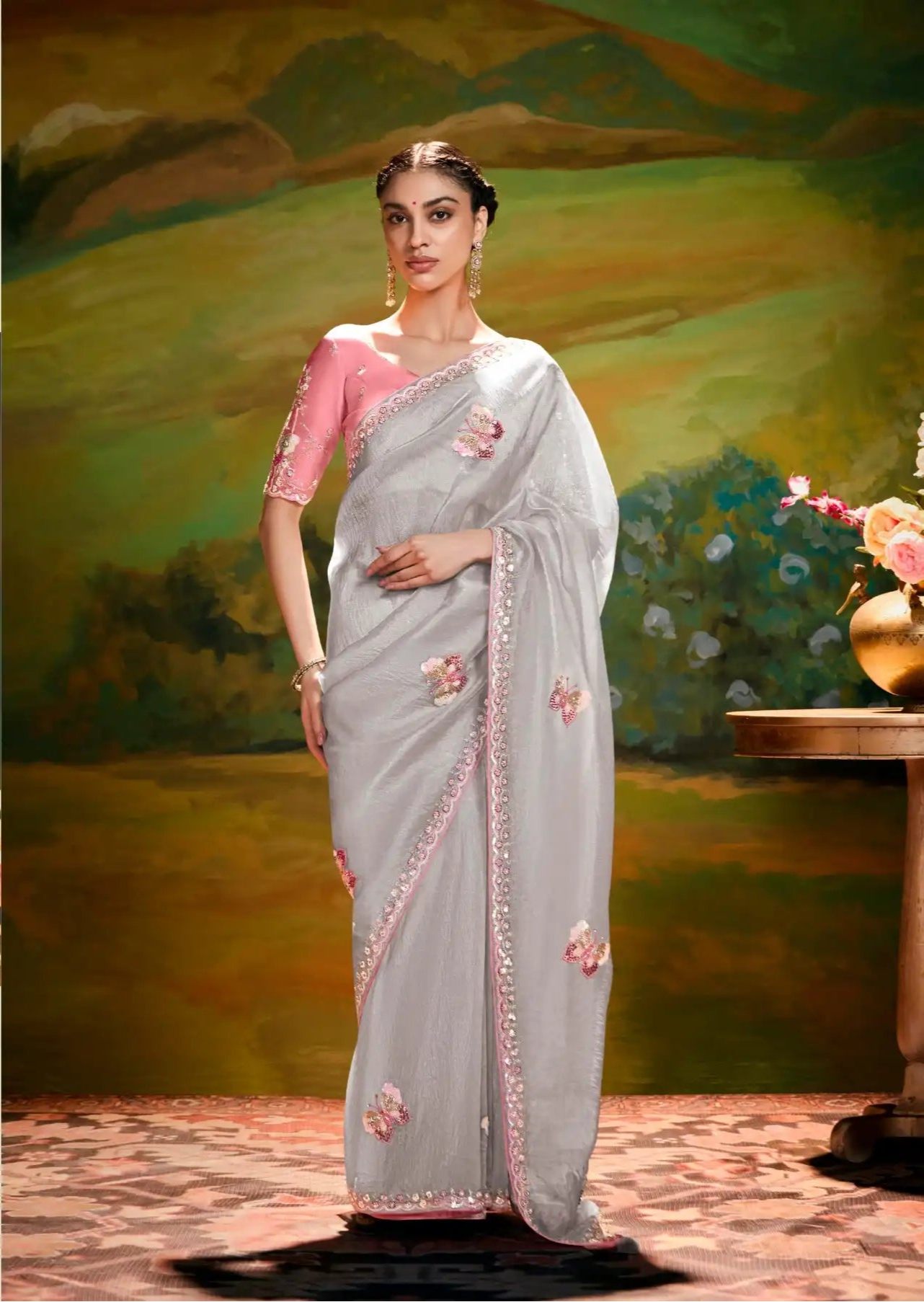 The Kimora Saree Is Crafted From Fine Organza Fabric Offering A Lightweight And Elegant Drape