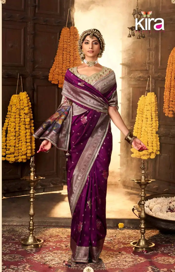 Kira Sarees Showcase Exquisite Pure Silk Weaving Combined With A Fancy Fabric That Features