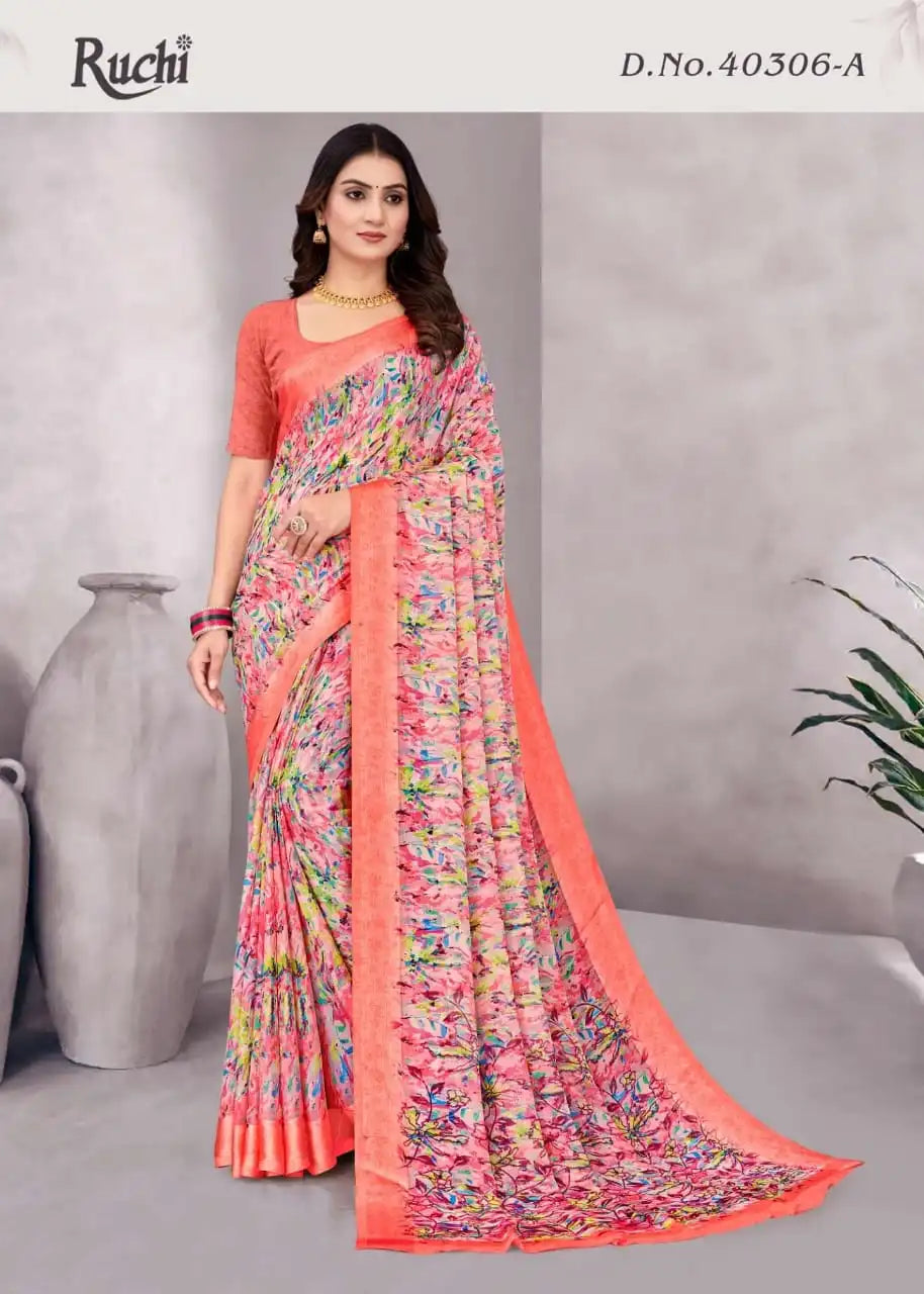 Ruchi Sarees Is Crafted From Chiffon With A Finely Woven Satin Border