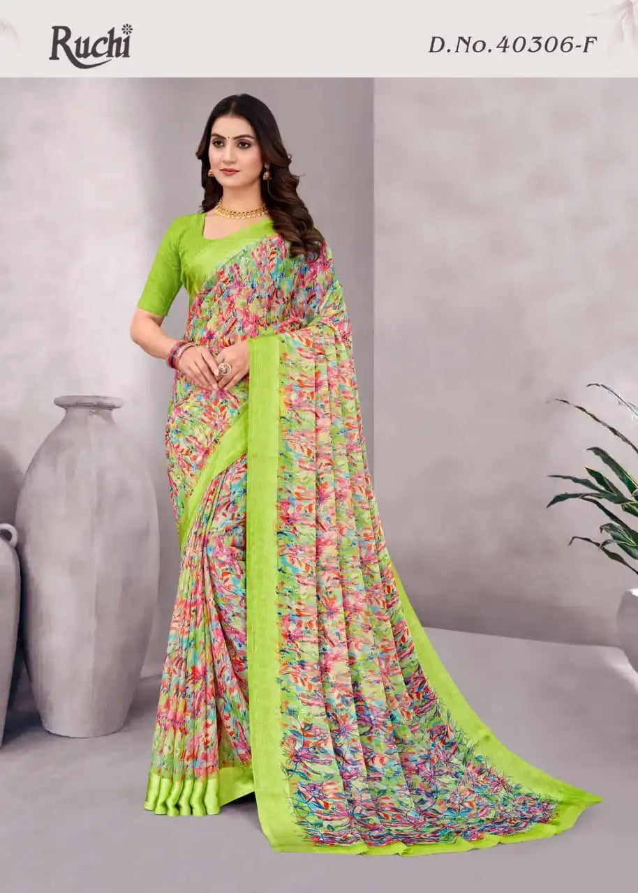 Ruchi Sarees Is Crafted From Chiffon With A Finely Woven Satin Border