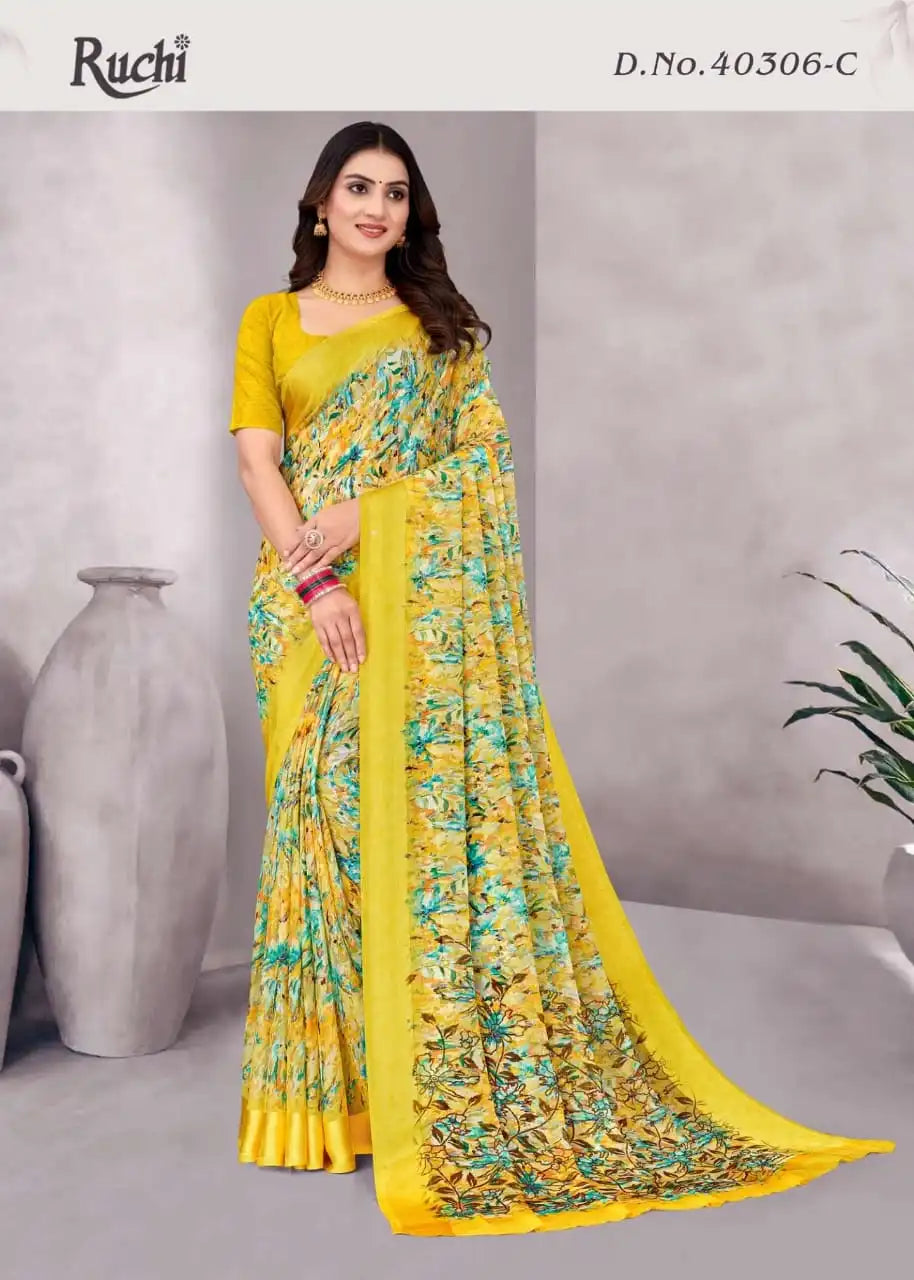 Ruchi Sarees Is Crafted From Chiffon With A Finely Woven Satin Border