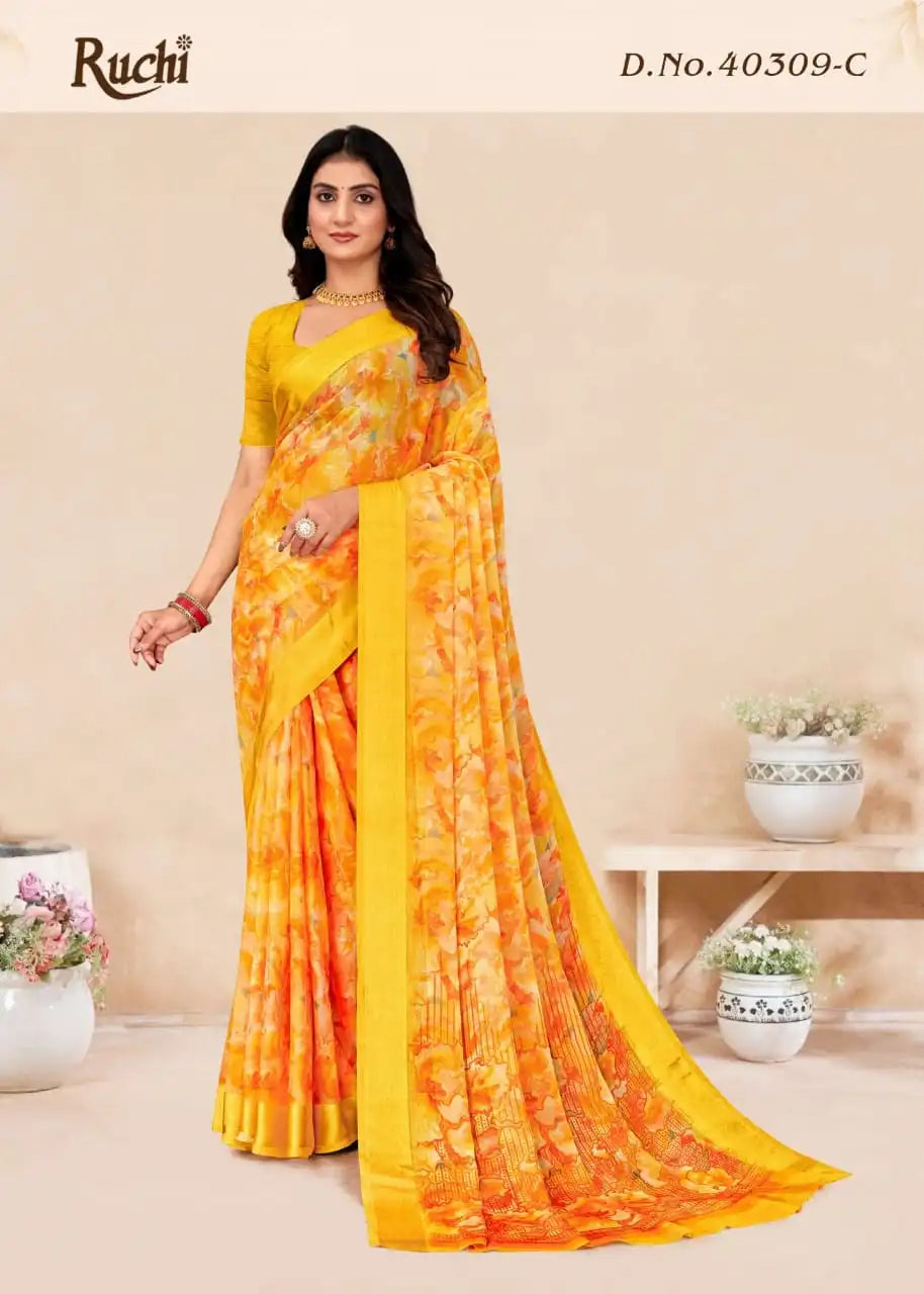 Ruchi Sarees Feature A Finely Woven Satin Border That Enhances Their Elegance And Durability.