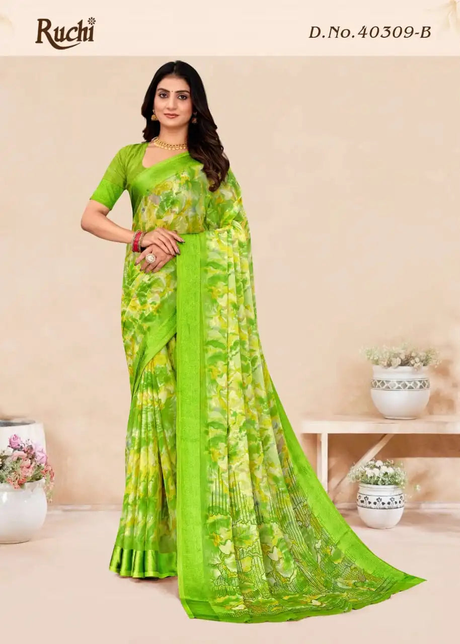 Ruchi Sarees Feature A Finely Woven Satin Border That Enhances Their Elegance And Durability.