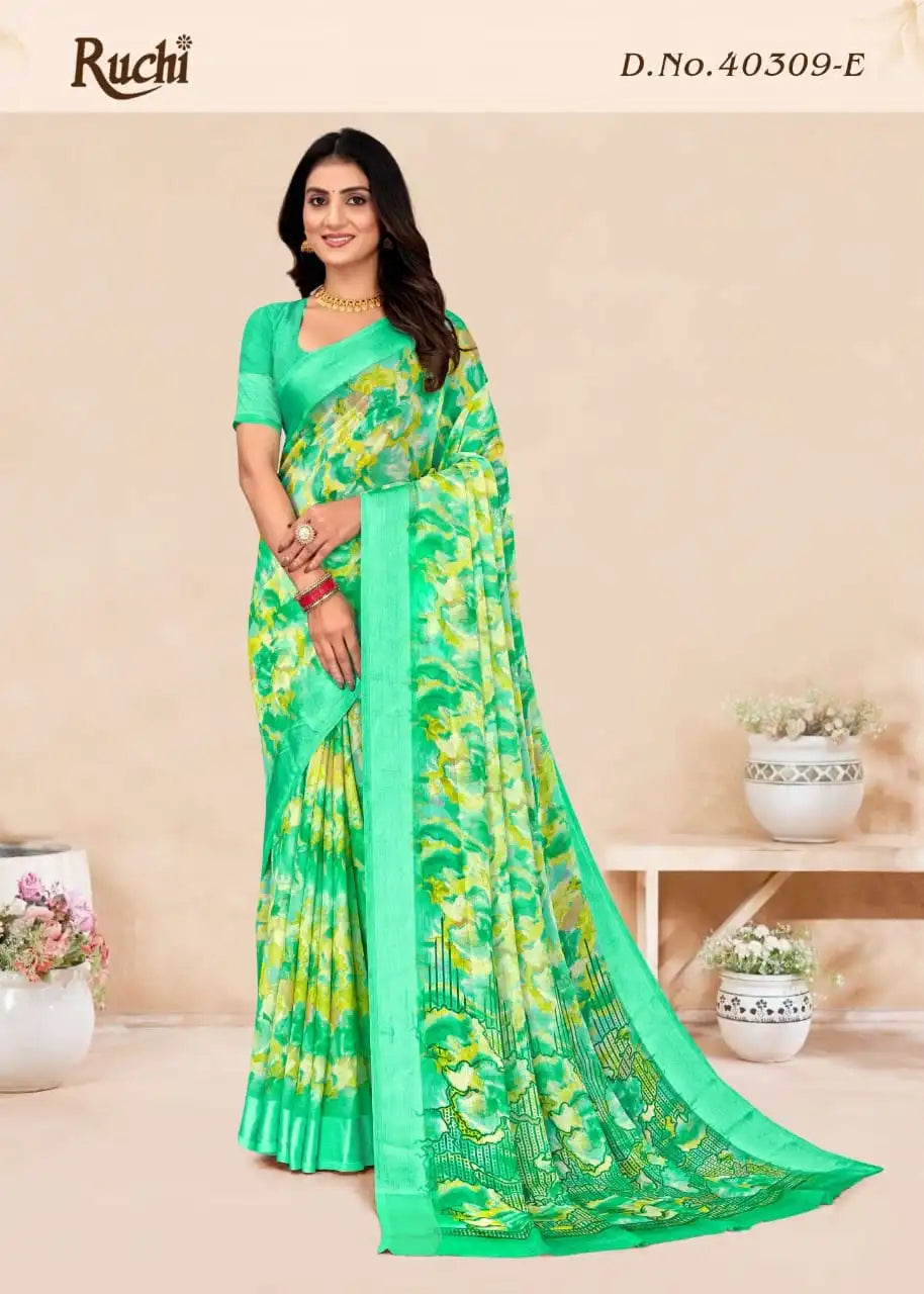 Ruchi Sarees Feature A Finely Woven Satin Border That Enhances Their Elegance And Durability.