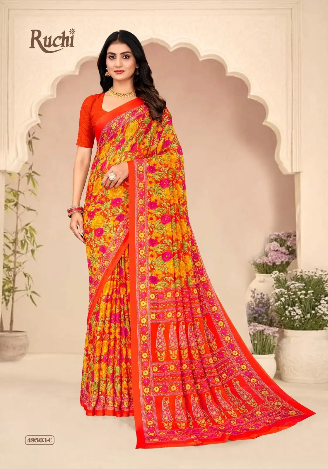 Ruchi Sarees Crafted With Chiffon Fabric Offer A Lightweight And Elegant Drape Perfect For Formal Occasions