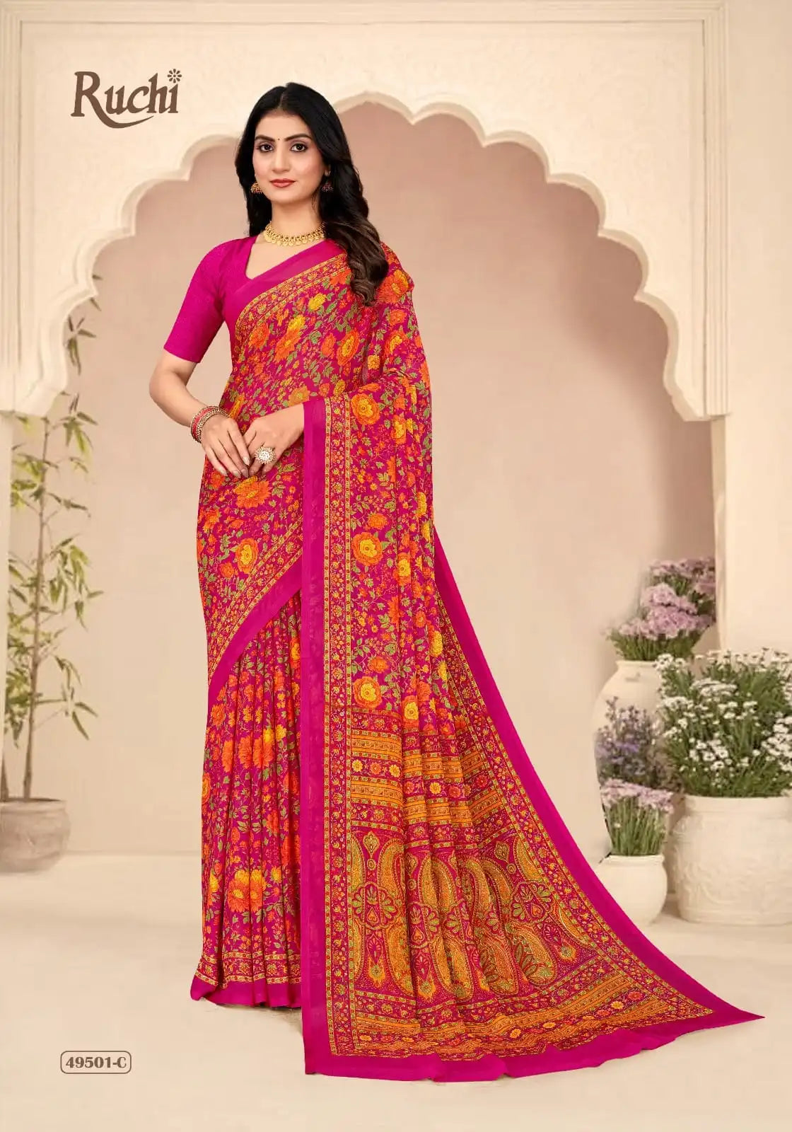 Ruchi Sarees Crafted With Chiffon Fabric Offer A Lightweight And Elegant Drape Perfect For Formal Occasions
