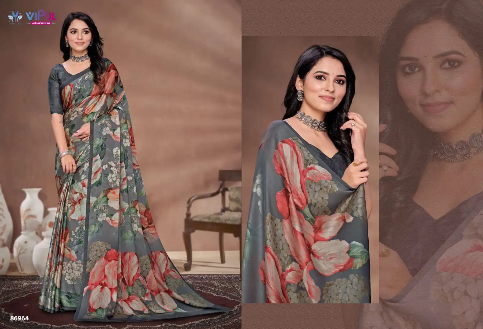 The Vipul Sareein Satin Silk Combines Traditional Craftsmanship With A Lustrous Smooth Fabric
