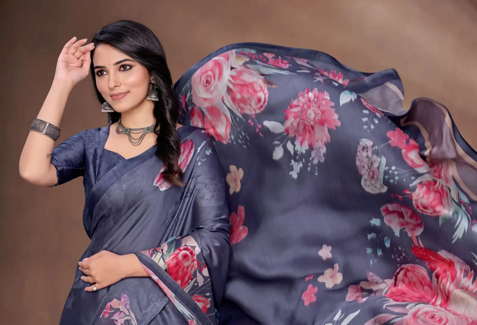 The Vipul Sareein Satin Silk Combines Traditional Craftsmanship With A Lustrous Smooth Fabric