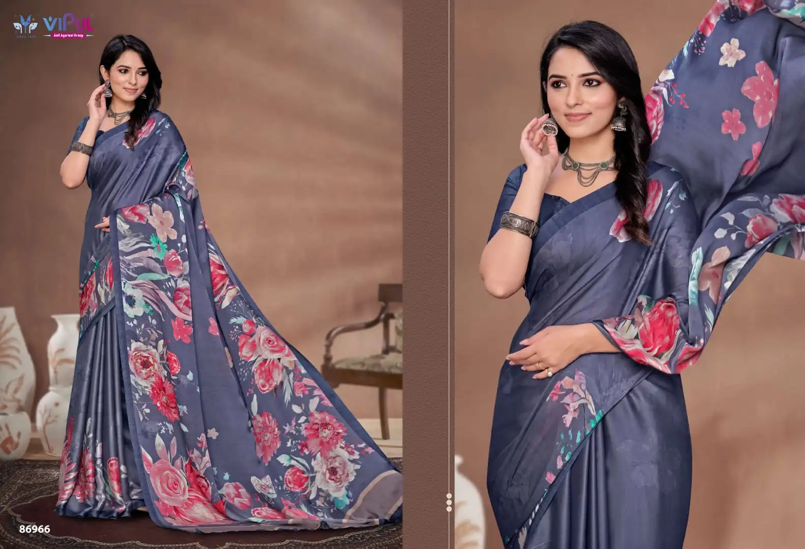The Vipul Sareein Satin Silk Combines Traditional Craftsmanship With A Lustrous Smooth Fabric