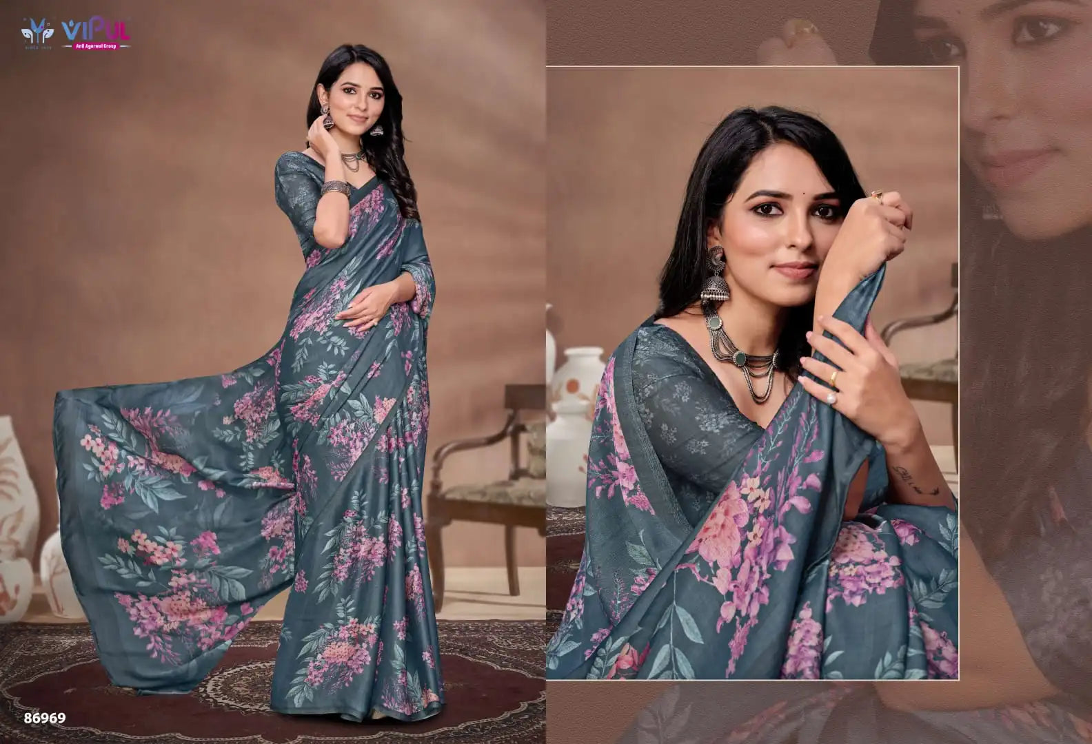 The Vipul Sareein Satin Silk Combines Traditional Craftsmanship With A Lustrous Smooth Fabric