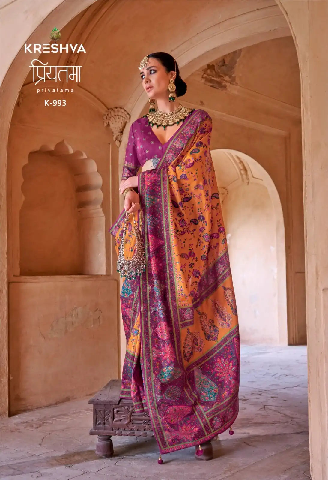 Kreshva Sarees Combine The Richness Of Silk With Exquisite Luxury Prints Enhanced By A Distinctive Glory Finish