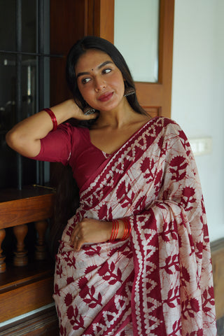 Batik Maroon Printed Pure Chanderi Cotton Saree in Off White