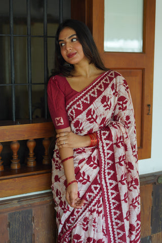 Batik Maroon Printed Pure Chanderi Cotton Saree in Off White