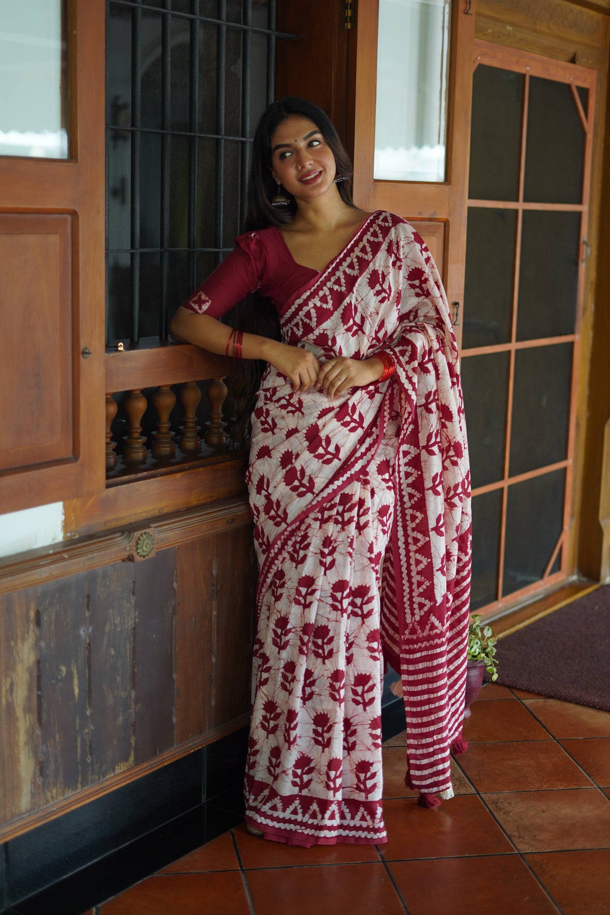 Batik Maroon Printed Pure Chanderi Cotton Saree in Off White