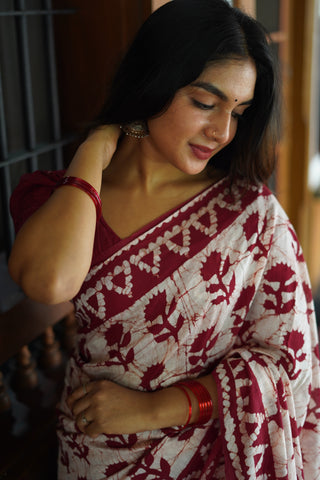 Batik Maroon Printed Pure Chanderi Cotton Saree in Off White