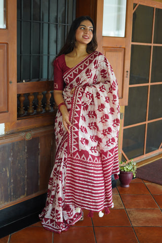 Batik Maroon Printed Pure Chanderi Cotton Saree in Off White