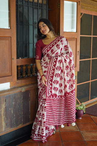 Batik Maroon Printed Pure Chanderi Cotton Saree in Off White