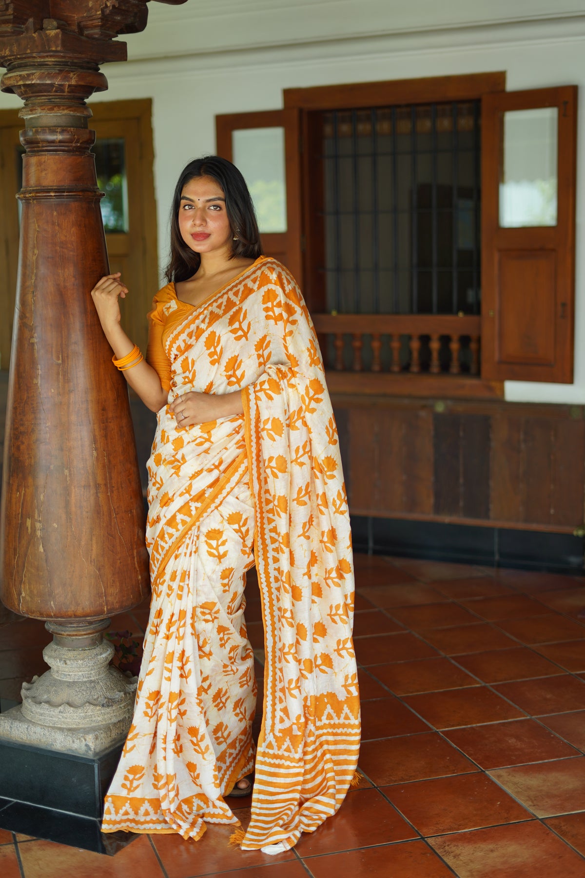 Batik Yellow Printed Pure Chanderi Cotton Saree in Off White