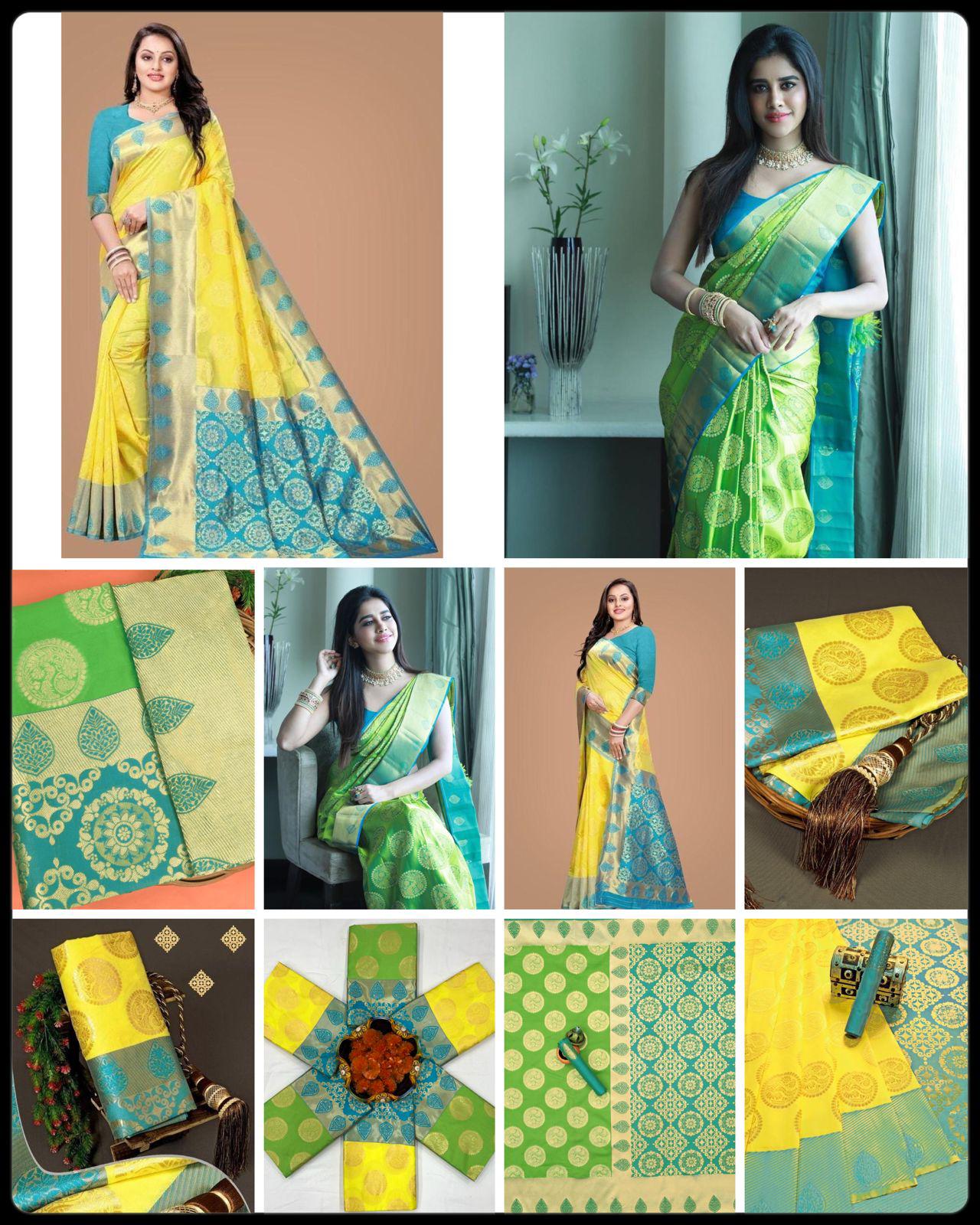 KP CREATION Elegant Yellow & Green Silk Saree Collection