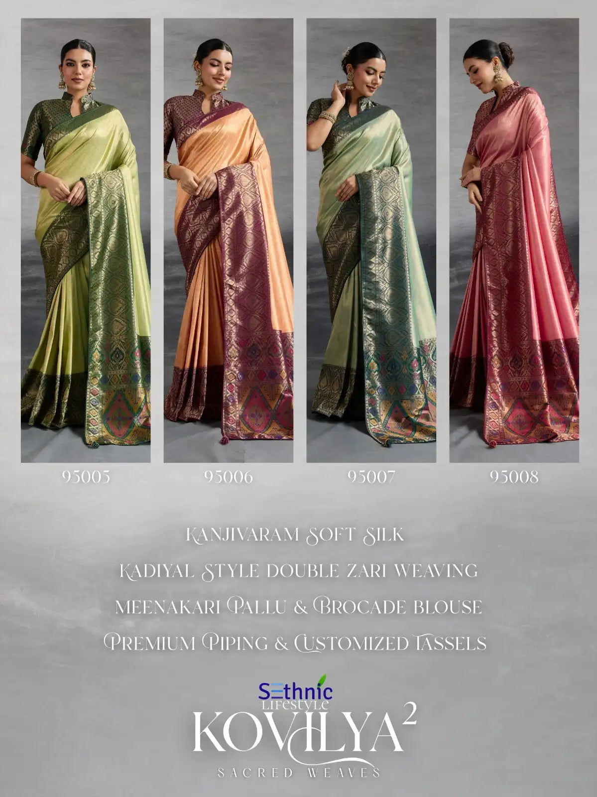 Sethnic LifeStyle Sarees Are Crafted From Premium Kanjivaram Soft Silk Featuring The Distinctive Kadiyal Pattern