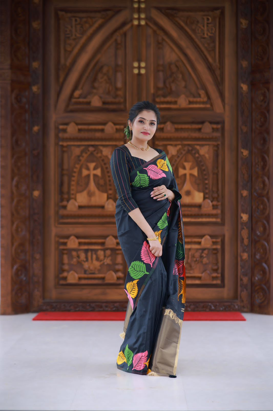 Black Ready to Wear Soft Silk Saree in Temple Design - sareeswholesalers