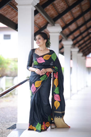 Black Ready to Wear Soft Silk Saree in Temple Design - sareeswholesalers