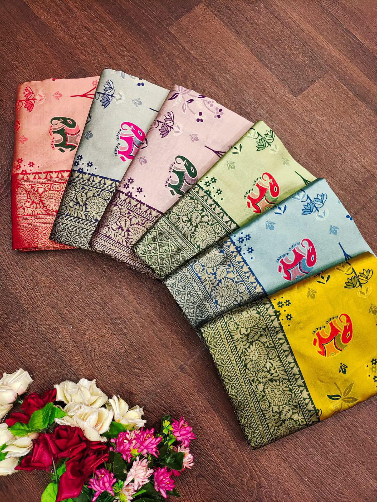 KP CREATION Elephant Print Silk Saree Collection